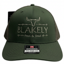 Green BF&S Richardson 112 hat with embroidered Blakely Feed & Seed logo on a white background