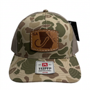Camouflage Richardson hat with a square leather logo patch on a white background